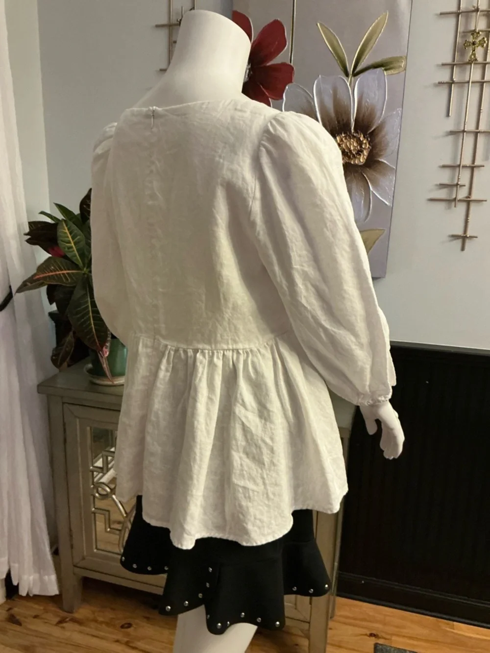 Reformation Linen White Puff-Sleeve Babydoll Top Lace-Up Bodice Boho Size 10